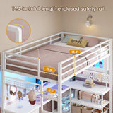 ADORNEVE Twin Size Loft Bed with L-Shaped Desk, Storage Drawers & RGB Arcylic Cabinet, Expanded Safety Power Outlet, Metal LED Loft Bed Frame with Wide Ladder, for Teen Girls, White ADORNEVE