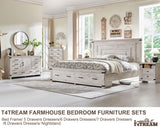 T4TREAM Farmhouse King Size Bed Frame with 54" Tall Geometric Headboard & 2 Large Storage Drawers, Rustic Wood Platform Bed with Wood Slats Support, No Box Spring Needed, Antique Brushed White T4TREAM