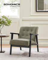 SONGMICS Accent Leisure Chair, Mid-Century Modern Arm Chair with Solid Wood Armrests and Legs, 1-Seat Cushioned Sofa for Living Room Bedroom Balcony Studio, Olive Green ULAC001C01 SONGMICS