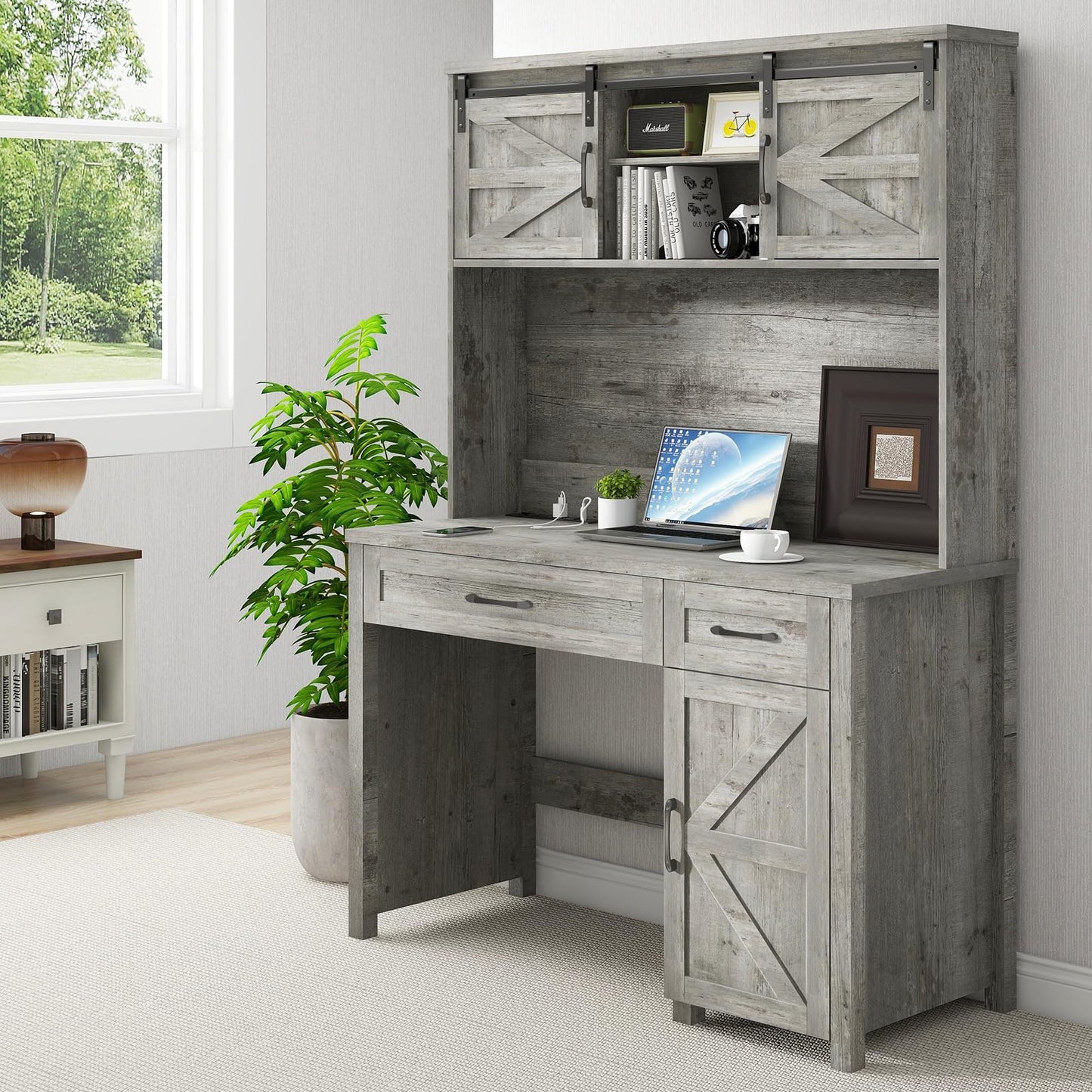 Farmhouse 47" Executive Desk, Computer Desk with Drawers and Storage Cabinet, Workstation Computer Desk with Hutch for Home Office - WoodArtSupply