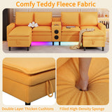 HYZQ Sectional Couches for Living Room, 4 Seat Sectional Sofa with Smart Module-Bluetooth Speaker/RGB Light/Charging Station, Teddy Fleece U Shaped Cloud Couch with Storage Ottoman (Yellow) HYZQ