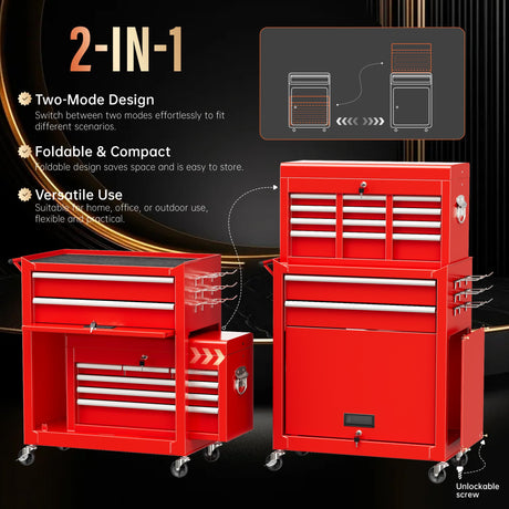 Pataku 8 Drawer Tool Chest with Wheels, 2-in-1 Detachable Rolling Tool Box with Drawers, Large Tool Cart on Lockable Wheels, Metal Tool Cabinet for Garage/Workshop(Red) Pataku