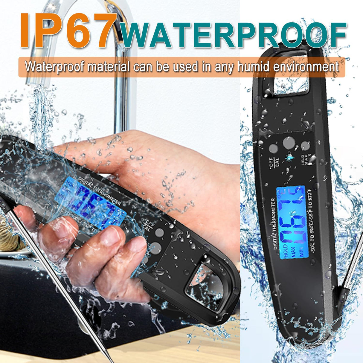 LIKEPAI Instant Read Meat Thermometer for Kitchen Cooking, Ultra Fast Precise Waterproof Digital Food Thermometer with Backlight, Magnet and Foldable Probe for Deep Fry, Outdoor BBQ, Grill（Black） LIKEPAI