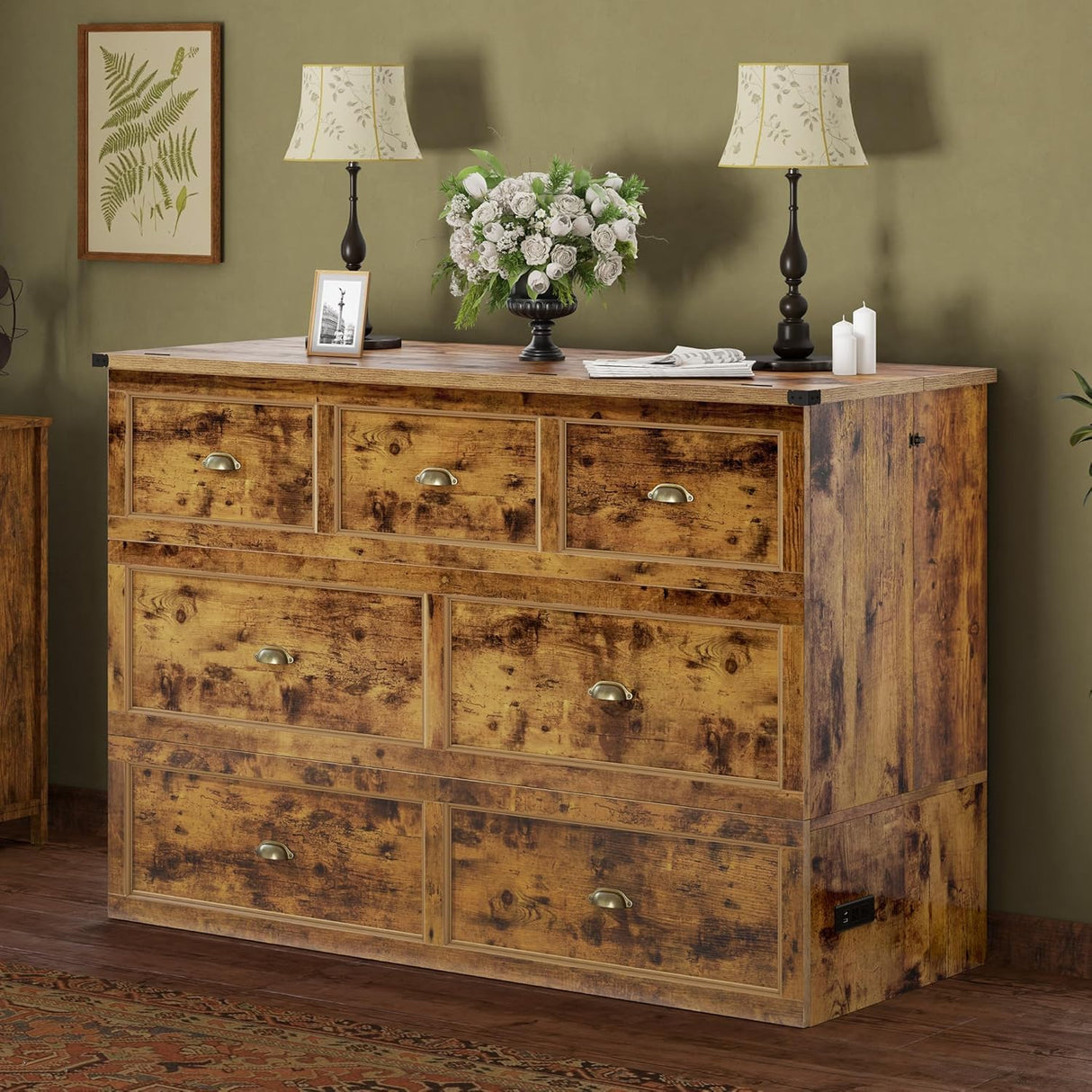 AMERLIFE Farmhouse Murphy Bed, Full Size Wooden Cabinet with Charging Station and Storage Drawer for Bedroom/Office/Guest Room, Rustic Brown AMERLIFE