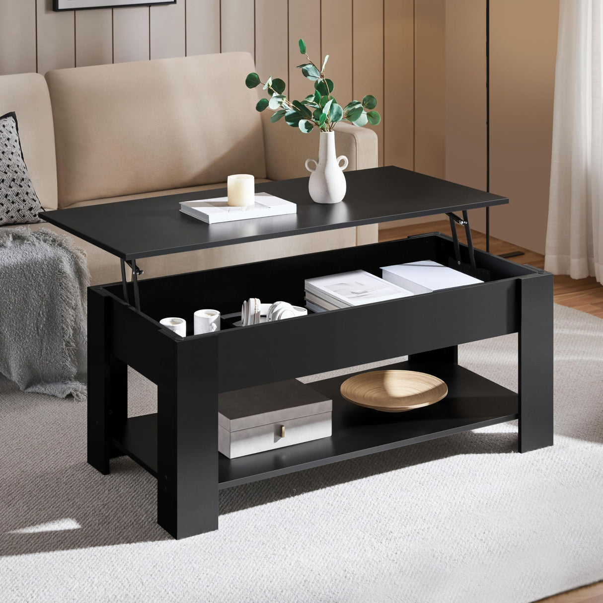 Yaheetech Lift Top Coffee Table with Hidden Compartment and Storage Shelf, Rising Tabletop Dining Table for Living Room Reception Room, 47.5in L, Black Yaheetech