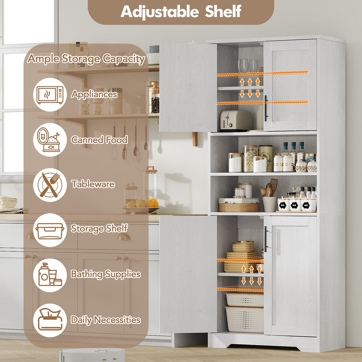 IDEALHOUSE Tall Bathroom Cabinet, Freestanding Bathroom Storage Cabinet with 4 Doors and Adjustable Shelves, 67" Cupboard Modern Storage Cabinet for Kitchen, Pantry, Living Room, Antique White IDEALHOUSE