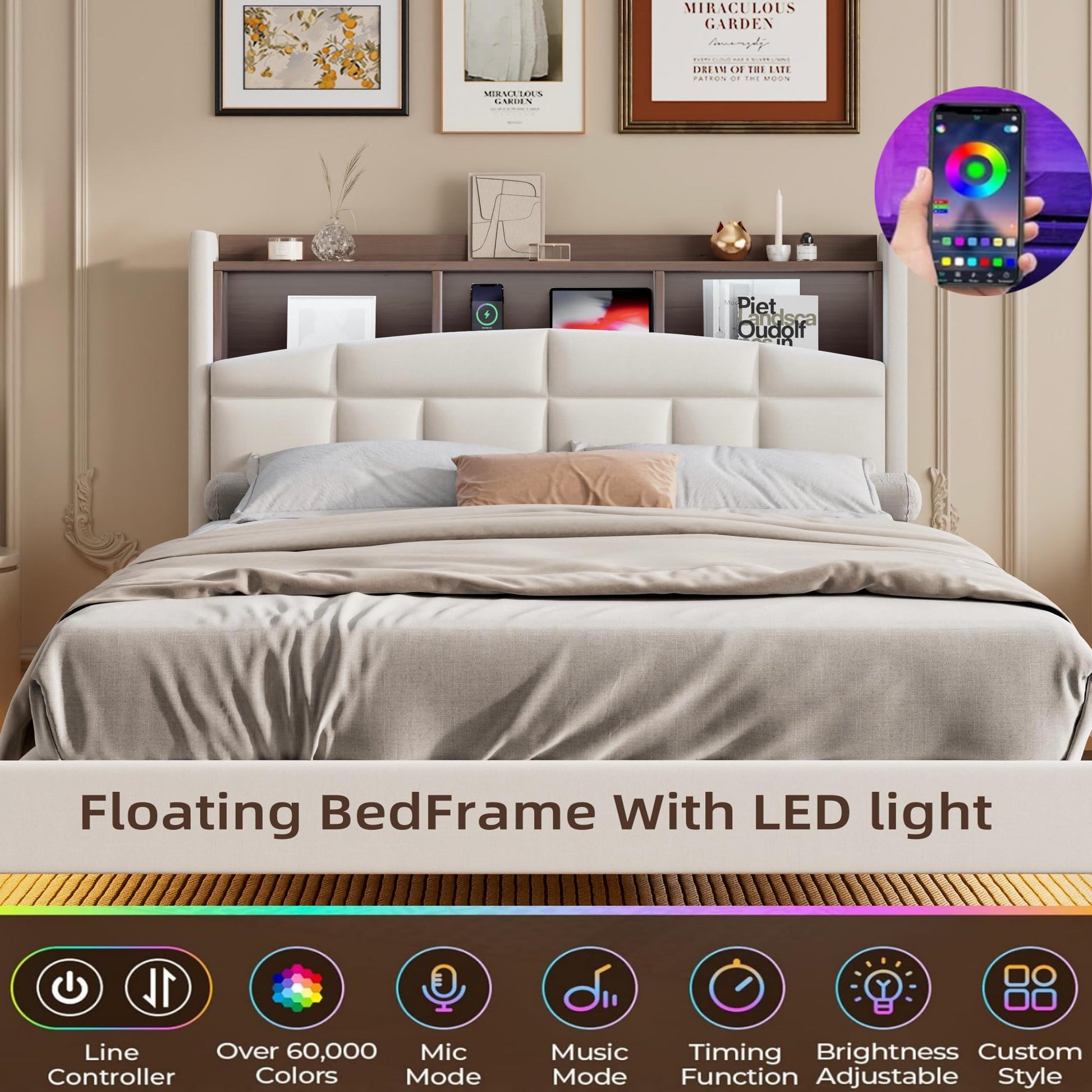 EDWZK Queen Velvet Floating Bed Frame with RGB LED Lights and Charging Station - WoodArtSupply