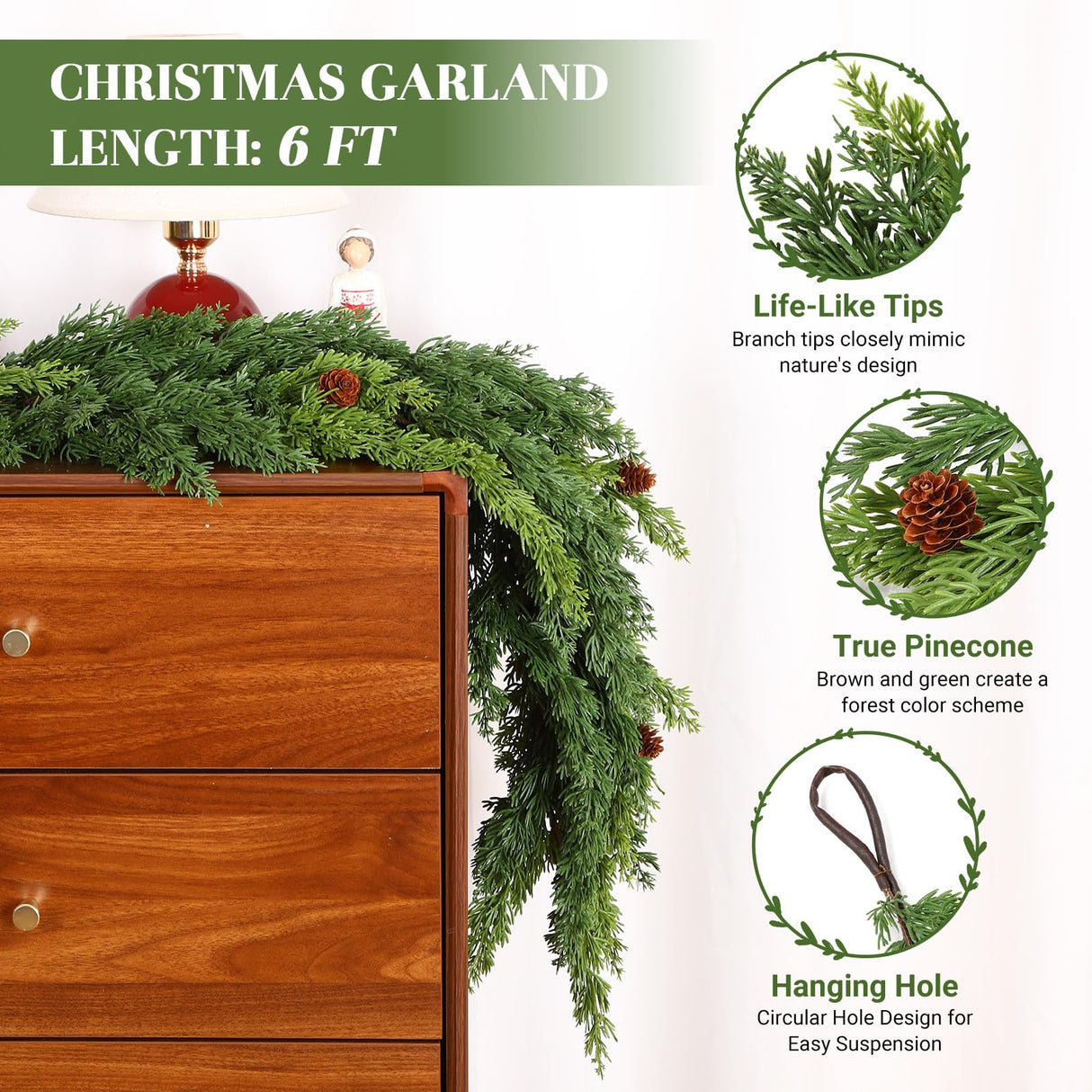 2PCS Christmas Garland, Cedar Garland -Realistic Greenery Cypress Pine Garland with Pinecone for Mantle Table Railing Fireplace Indoor & Outdoor Christmas Decoration Alupssuc