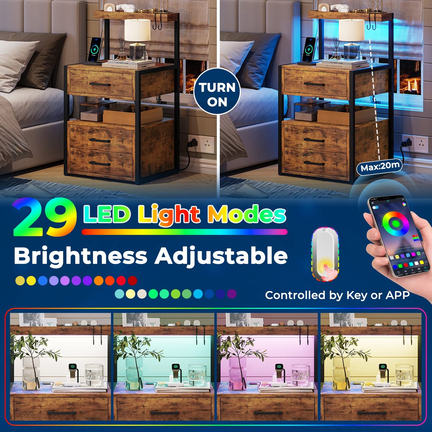 AOGLLATI Nightstand Set of 2 with Charging Station and LED Lights, Bedside Table with 3 Drawers and Open Storage Shelves, 2 USB Ports and 2 AC Outlets, LED Night Stand for Bedroom, Rustic Bro - WoodArtSupply