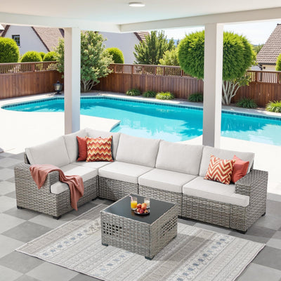 Belord 6 Piece Wicker Patio Furniture Set - 10" Wide Armrests Outdoor Sectional Couch, 5-Seater Modular Patio Conversation Set with Glass Coffee Table for Deck Backyard Sunroom