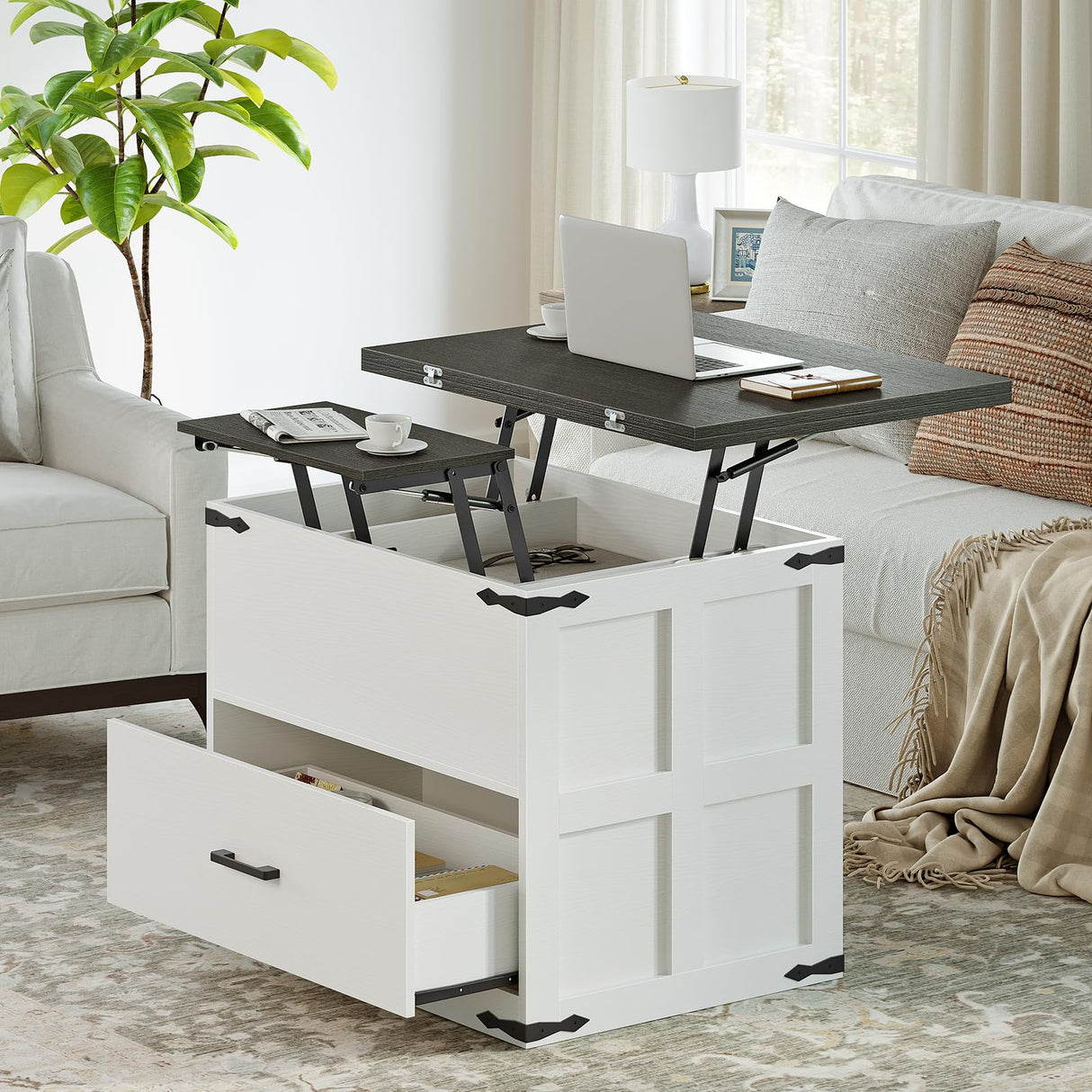 FABATO Lift Top Coffee Table, Farmhouse Coffee Table, Convertible Coffee Table with Storage and Drawer, Multifunctional Center Table Converts to Dining Game Table for Living Room, Antique White FABATO