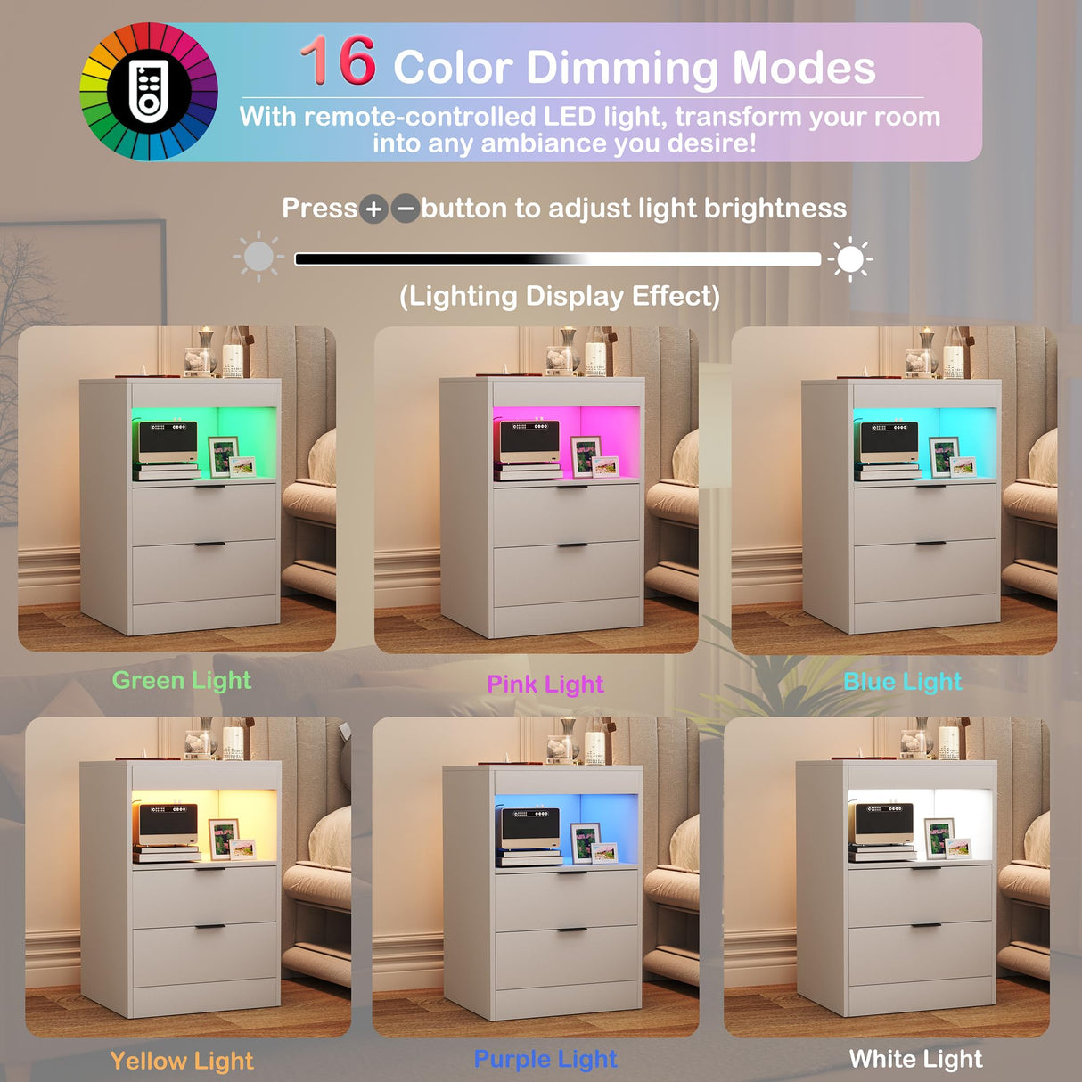 Yusong LED Nightstand Bedside Table with Charging Station 2 Drawers, White Modern Sofa Couch End Side Table with LED Lights and Pull-Out Shelf for Bedroom Living Room, Wooden Yusong