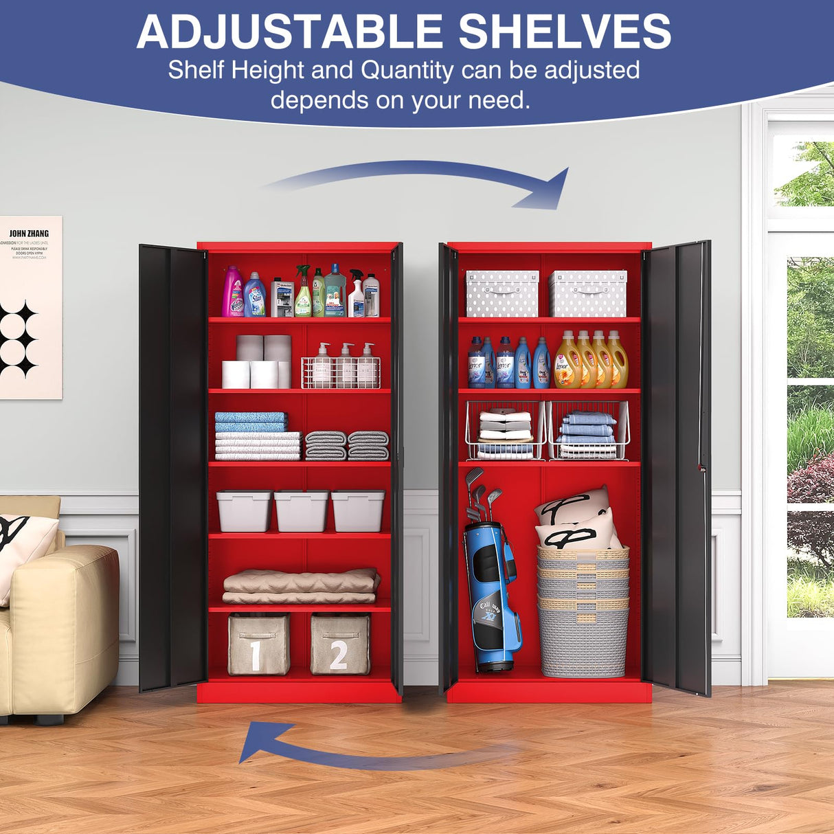 LISSIMO Metal Storage Cabinet with Lock,71 Inch Garage Cabinet with 2 Doors and 5 Adjustable Shelves,Steel Storage Cabinets for Garage,Home Office,Pantry,School(Red & Black) LISSIMO