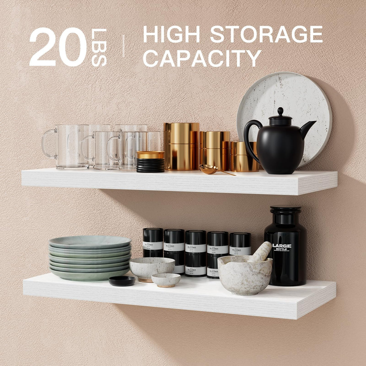 Amada HOMEFURNISHING Floating Shelves Large, 24 x 7 Inch Wall Shelves for Bathroom, Bedroom, Kitchen, Shelves for Wall Decor Set of 2, White - AMFS06 AMADA HOMEFURNISHING