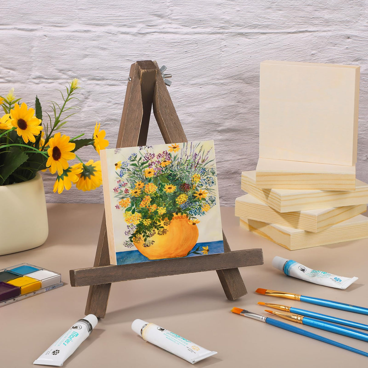 Aodaer 16 Pack Wood Panels 4 x 4 Inch Wooden Panels Canvas Unfinished Craft Wood Boards Panels for Art Crafts Acrylic and Oil Painting Pouring DIY Projects Aodaer