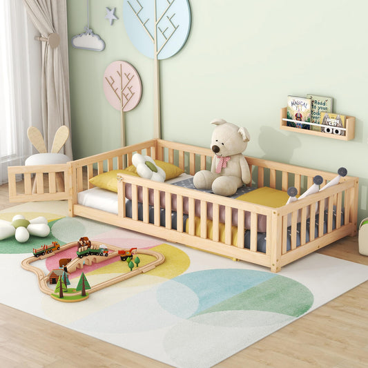 Harper & Bright Designs Natural Twin Montessori Floor Bed Frame with Rails and Door for Kids - WoodArtSupply