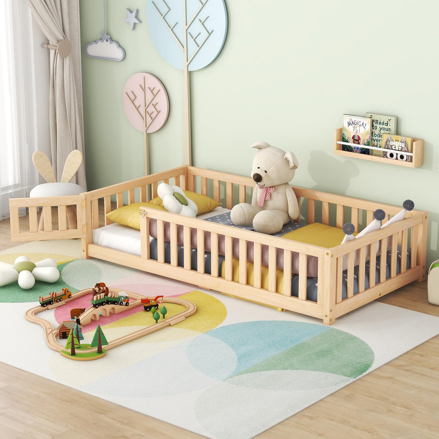 CITYLIGHT Twin Montessori Floor Bed with Rails and Door - Natural Wood Frame for Kids - WoodArtSupply