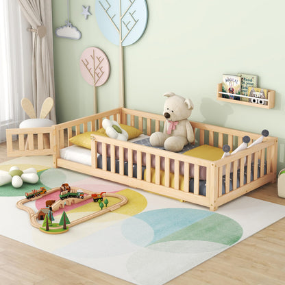 CITYLIGHT Twin Montessori Floor Bed with Rails and Door - Natural Wood Frame for Kids - WoodArtSupply