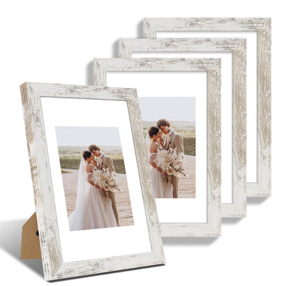 Hongkee 8x12 Picture Frame Set of 4, Made of Glass and Distressed White Wooden Frame - Display 6x8 Picture with Mat or 8 x 12 Poster Without Mat, 8 by 12 Photo for Wall or Tabletop - WoodArtSupply