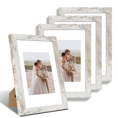 Hongkee 8x12 Picture Frame Set of 4, Made of Glass and Distressed White Wooden Frame - Display 6x8 Picture with Mat or 8 x 12 Poster Without Mat, 8 by 12 Photo for Wall or Tabletop Hongkee