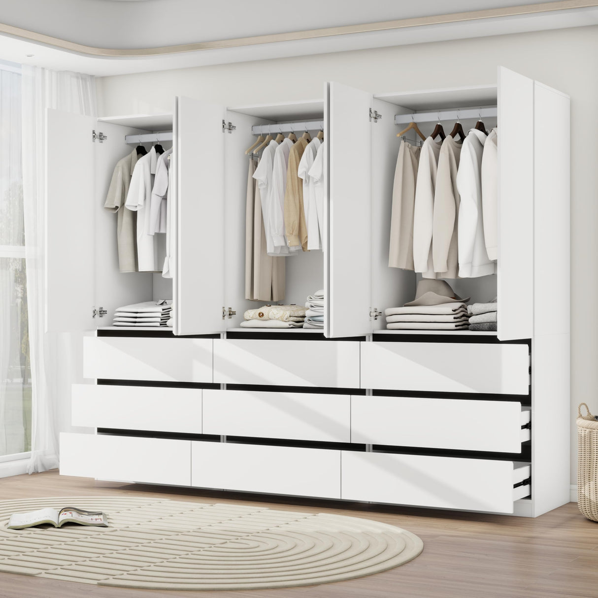 Mhsatyrs Armoire Wardrobe Closet with Drawers：75" Large White Wardrobe Closet Cabinet with 6 Doors for Hanging Clothes, Modern Wooden Bedroom Armoires with 9 Drawers and Storage (B+B+B, 94.5") Mhsatyrs