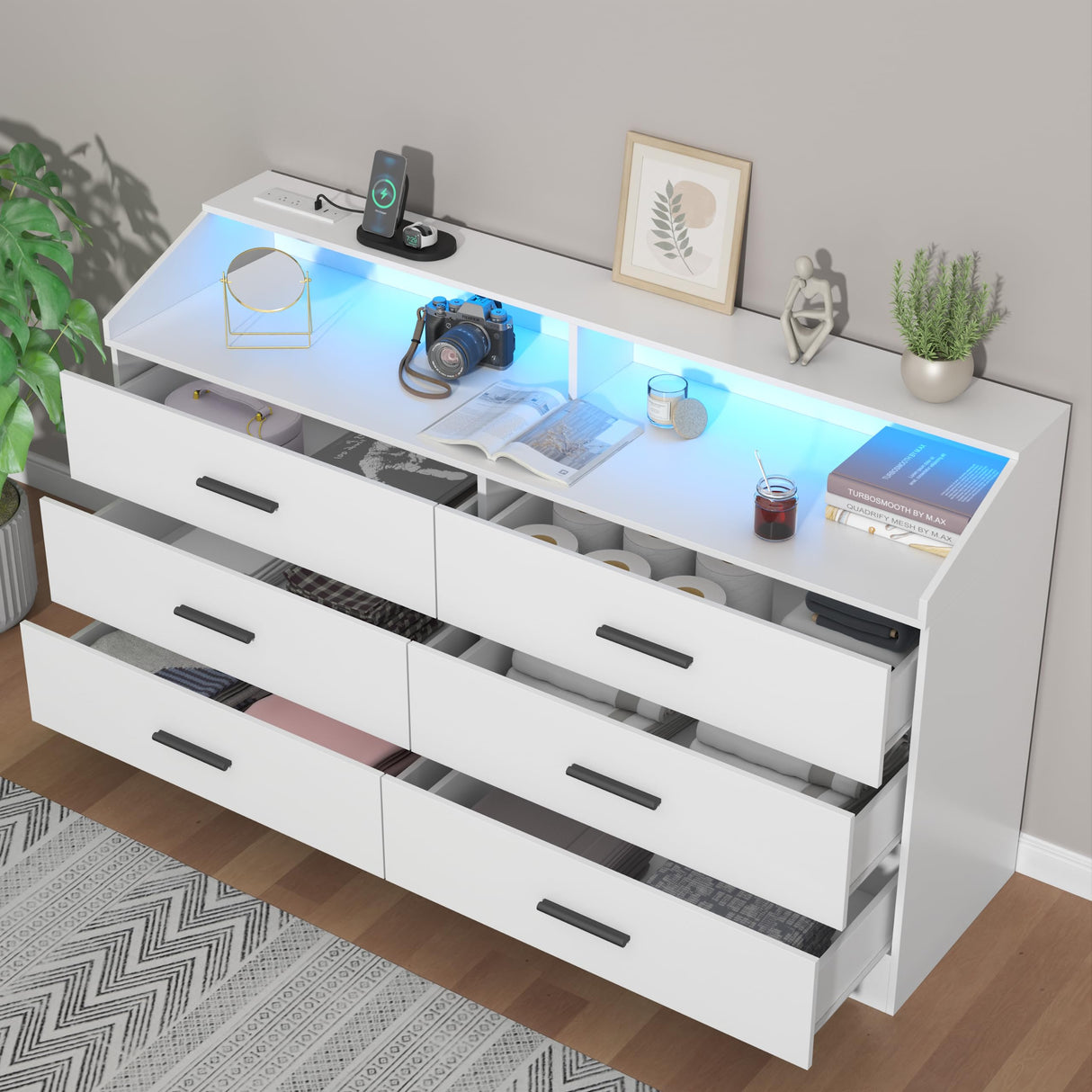 Gyfimoie 6 Drawer Dresser with Power Outlet, Chest of Drawers with LED Light, Modern Dresser with Open Storage Cubby, Double Wide Dresser Organizer for Bedroom, Living Room, Entryway, Hallway Gyfimoie