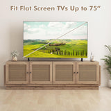 Tangkula Farmhouse TV Stand for TVs Up to 75-Inch, PE Rattan Entertainment Center with Storage and Adjustable Shelves, Mid Century Modern TV Console with 2 Cabinets and 8 Cable Holes for Living Room Tangkula
