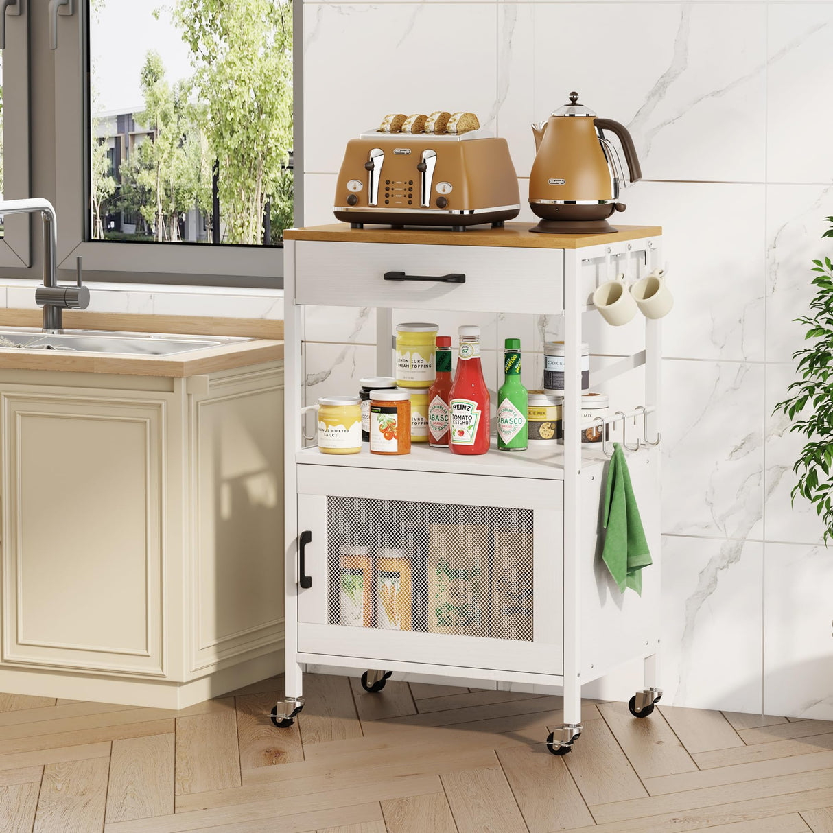 Homeiju Kitchen Island Cart, Kitchen Storage Cart with Drawer, Microwaves Stand, Coffee Cart, Rolling Kitchen Cabinet Cart with Hooks for Kitchen, Dining Room, White Homeiju