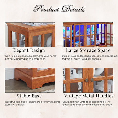 59" W LED Curio Cabinet with 7 Color Lights, Vintage Glass Display Case with Glass Doors, Smartphone-Controlled, Short Wooden China Cabinet with Adjustable Shelves for Living Room, Entryway (Dark Oak) CKEASEAN