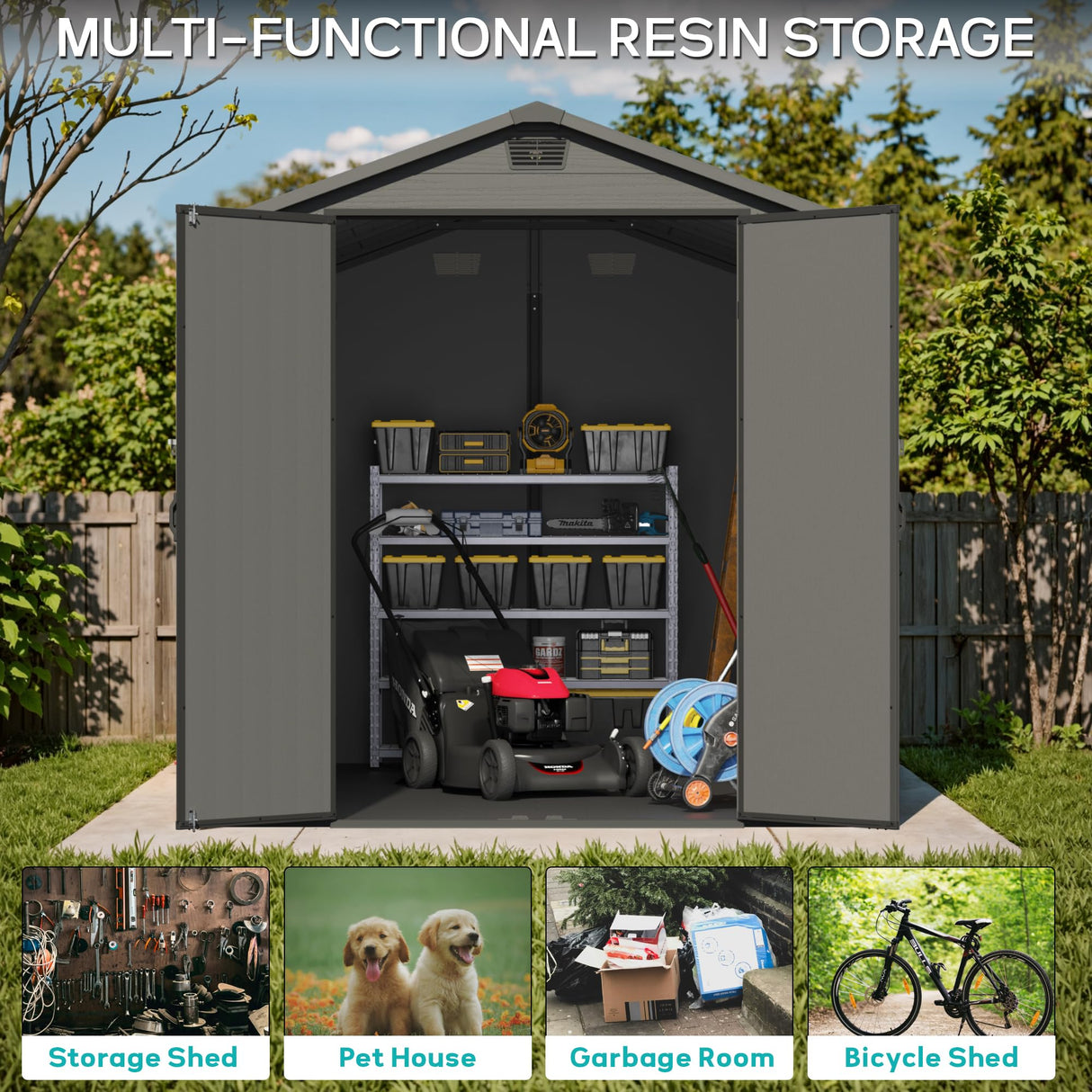 Greesum 6×10FT Plastic Outdoor Storage Shed with Floor, Resin Storaged Sheds with Lockable Double Door, Windows & Vents, All-Weather Tool Sheds for Garden, Backyard, Patio, Dark Gray Greesum