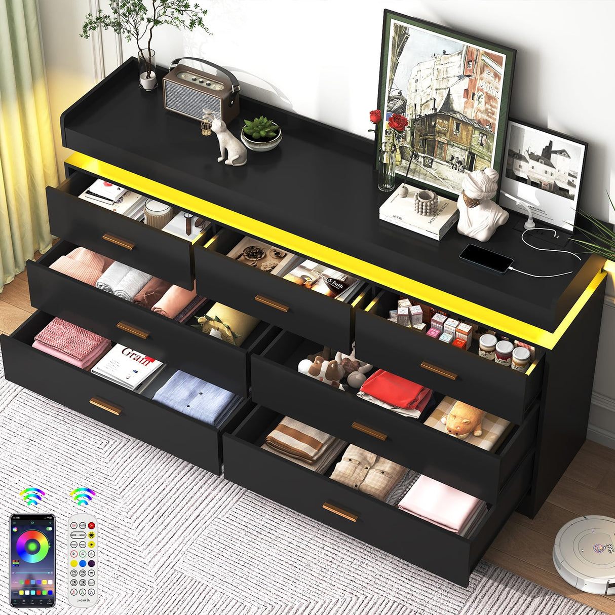 jiteentarou 7 Drawer Dresser with Charging Station and LED Lights, Modern Chest of Drawers with Power Outlet, Organizer Cabinet for Bedroom, Living Room, Entryway, Black jiteentarou