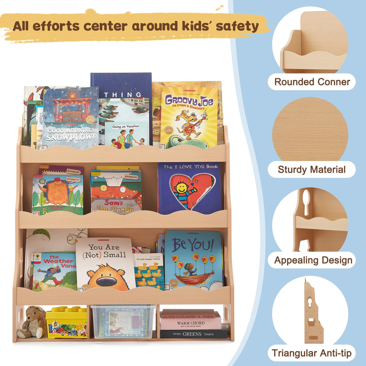 Himold Wooden Kids Bookshelf, Book Shelf for Kids Rooms w/Scalloped Edges, Durable Childrens Bookshelf with 3 Cube Bins for Books & Toys - Toddler Montessori Bookcase Nursery Himold