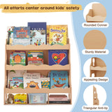 Himold Wooden Kids Bookshelf, Book Shelf for Kids Rooms w/Scalloped Edges, Durable Childrens Bookshelf with 3 Cube Bins for Books & Toys - Toddler Montessori Bookcase Nursery Himold