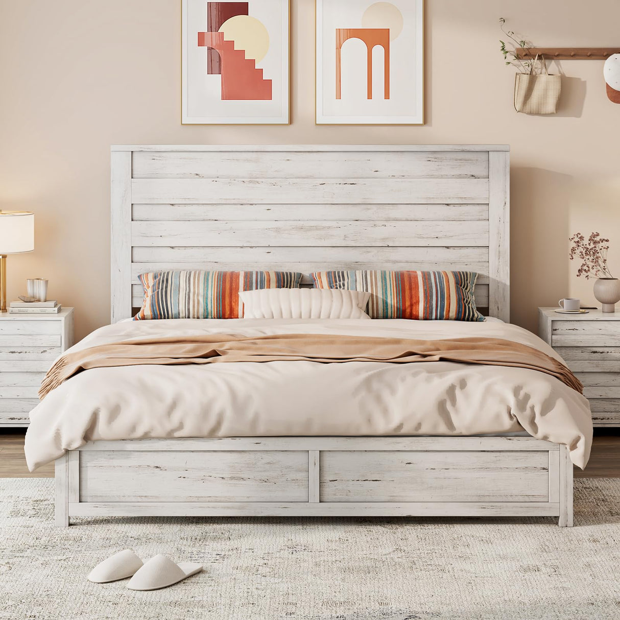 LUXOAK Farmhouse Full Bed Frame with 49" Tall Headboard, Wooden Platform Bed with Hidden Metal Bed Frame, No Box Spring Needed/Noise Free, Distressed White LUXOAK