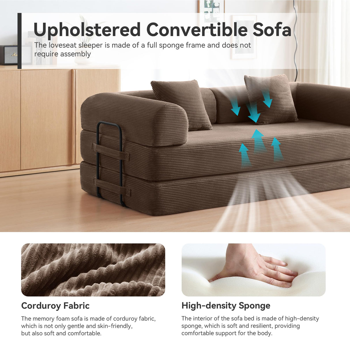 Convertible Modular Sleeper Sofa Bed, Mid Century Modern Decor Love Seat Memory Foam Couches, Sleeper Sofa Bed for Living Room, Solid & Easy to Install Cloud Couch (Brown) QQR