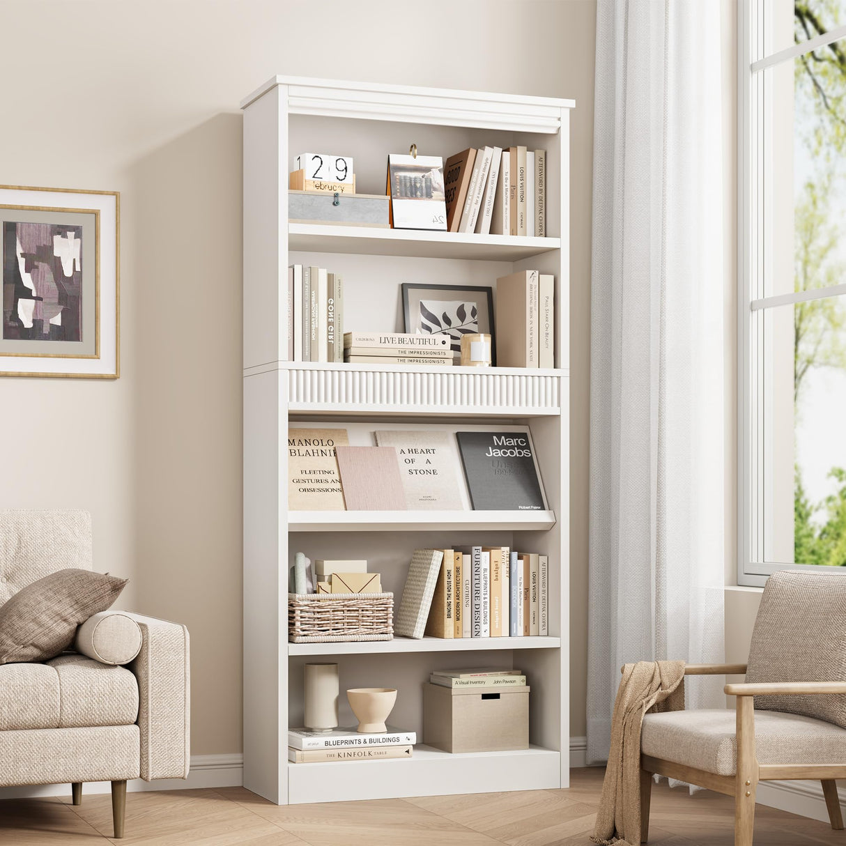 GarveeHome 71 in Farmhouse Bookcase w/Display Rack & Fluted Design, 5 Tier Tall Bookshelf with Wooden Base, Wood Bookshelf Vintage Book Shelf for Office Library (White, 71.5" H x 30.7" W x 11.9" D) GarveeHome