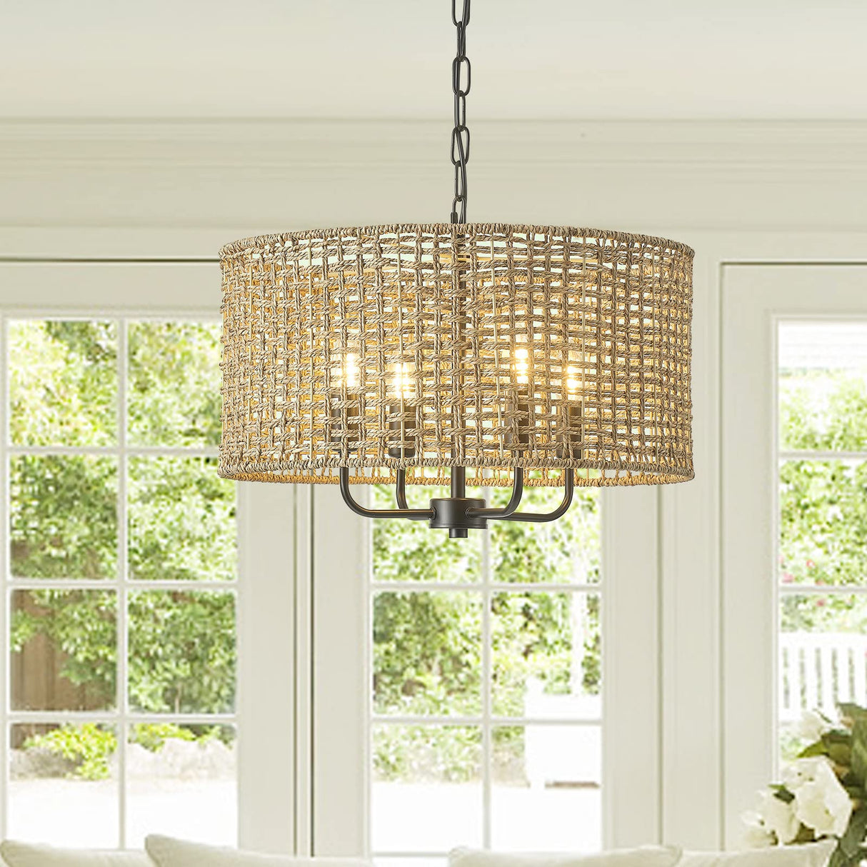 Giutna Rattan Wicker Drum Chandeliers for Dining Room, 4-Light Bohemian Hand-Woven Farmhouse Drum Pendant Chandelier Light Fixture for Entryway Living Room Kitchen Stairway Bedroom Hallway Giutna