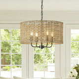 Giutna Rattan Wicker Drum Chandeliers for Dining Room, 4-Light Bohemian Hand-Woven Farmhouse Drum Pendant Chandelier Light Fixture for Entryway Living Room Kitchen Stairway Bedroom Hallway Giutna