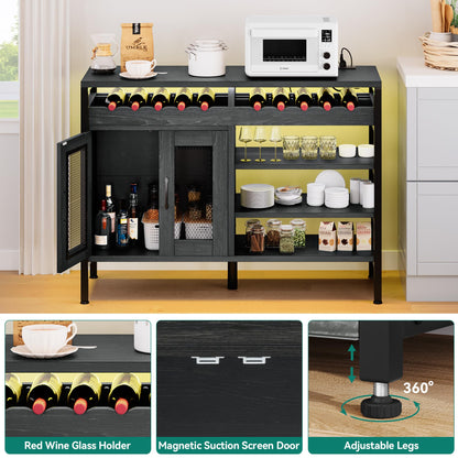 YITAHOME Liquor Cabinet Bar for Home, 47" Industrial Wine Buffet Cabinet with LED Lights,Power Outlets and Wine Rack Storage Small Coffee Bar Cabinet for Kitchen Dining Living Room Black