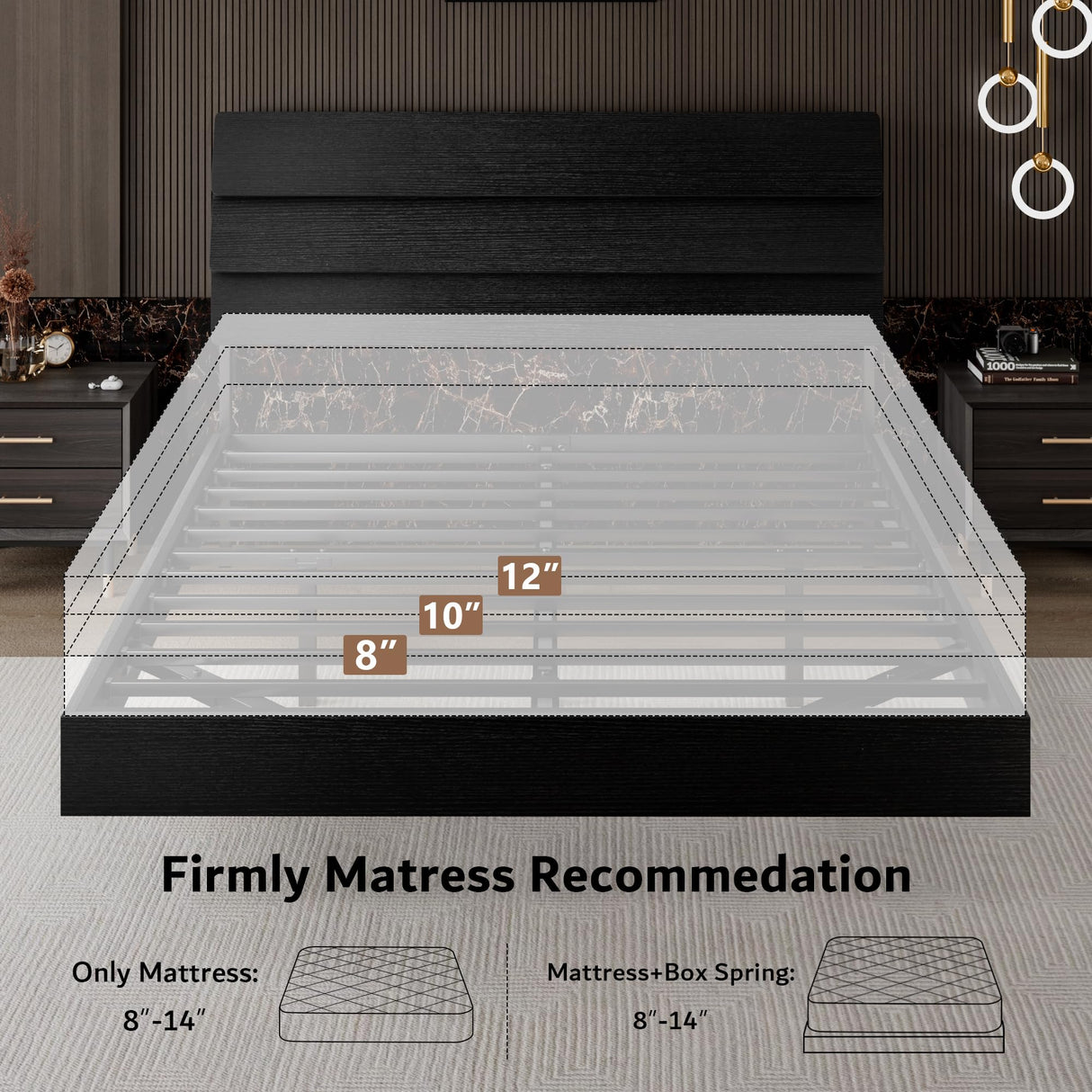 iPormis Floating Full Size Bed Frame with LED Lights & Charging Station, Platform Bed with Wooden Storage Headboard, Steel Slats Support, No Box Spring Needed, Easy Assembly, Noise-Free, Black iPormis