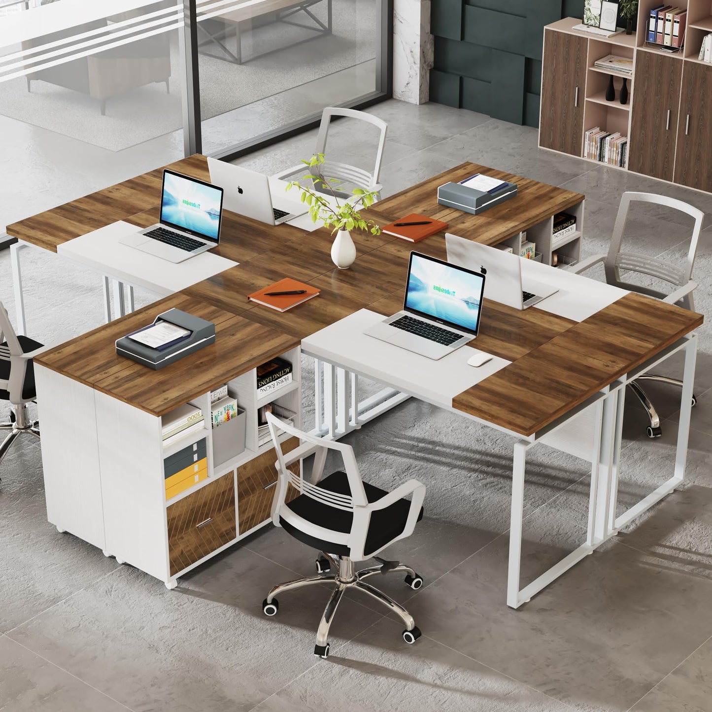 Tribesigns L-Shaped Executive Desk with Reversible File Cabinet, 63" Office Desk with Storage Drawers, Computer Desk Set (Oak Karo & White) - WoodArtSupply