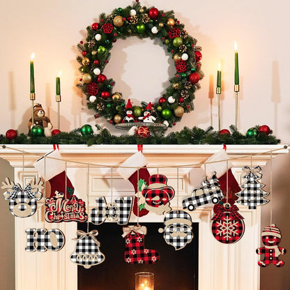 36 Pieces Christmas Buffalo Plaid Hanging Ornaments Christmas Tree Wooden Hanging Decor Wooden Christmas Ornaments Snowflake Reindeer Snowman Plaid Christmas Decor, 12 Styles (Black Red, Black White)