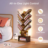 Gewudraw Tree Bookshelf with Lights LED, 4 Tier Book Shelf, Small Tree Bookcase with Storage Organizer,Floor Standing Corner Bookshelf for Bedroom, Living Room & Home Office, Rustic Brown Gewudraw