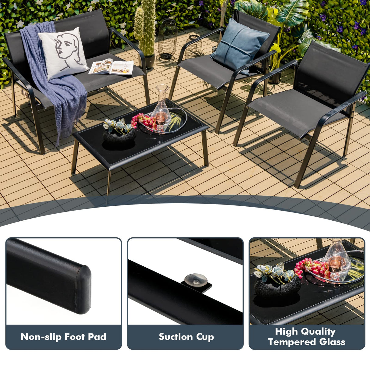 Tangkula 4 Pieces Patio Furniture Set, Outdoor Conversation Set with Tempered Glass Coffee Table, Outdoor Bistro Set with Fabric and Anti-Rust Steel Frame for Garden, Poolside and Backyard (Black) Tangkula