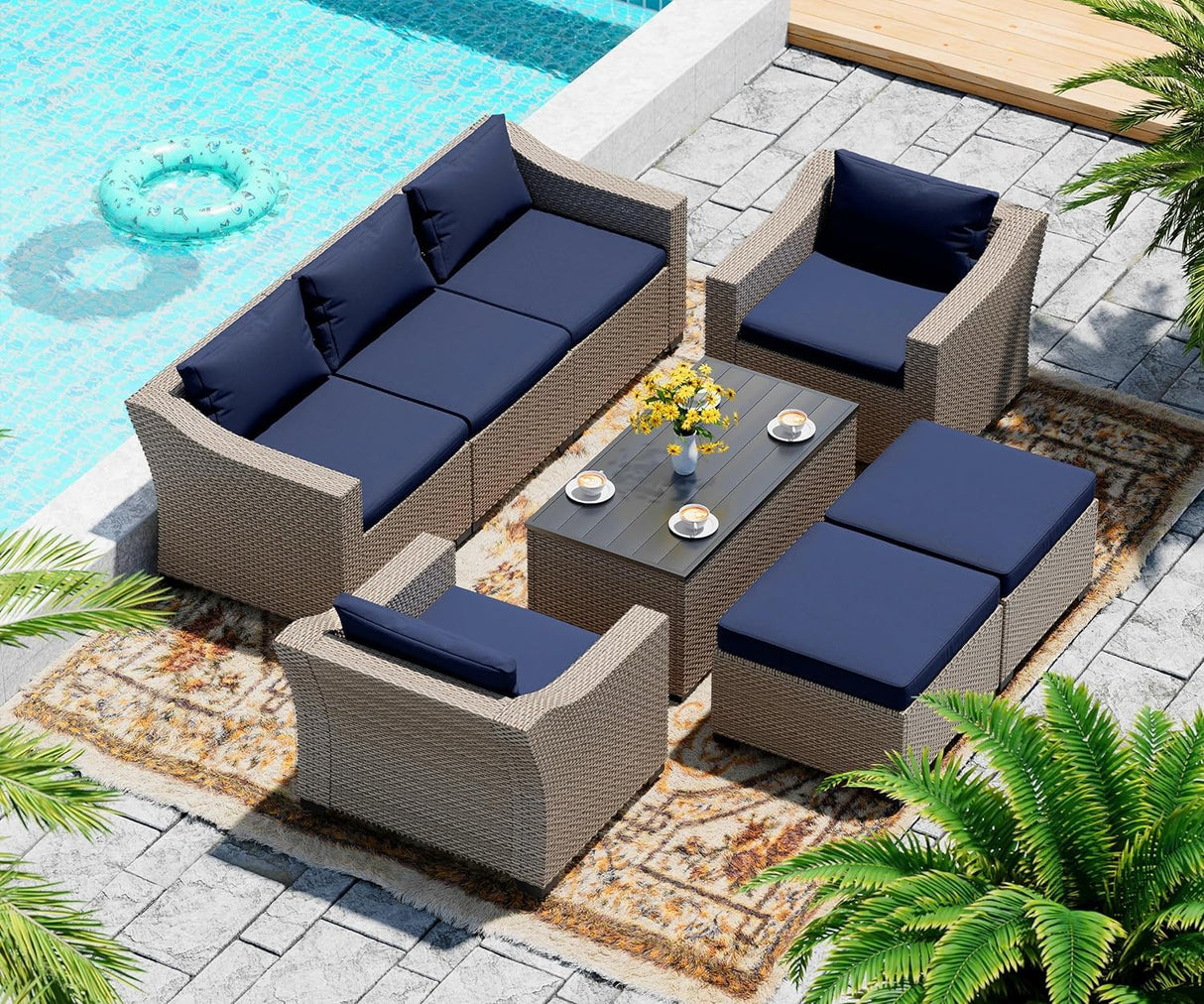 LHBcraft Outdoor Patio Furniture Set 8 Pieces, Rattan Outdoor Couch with Coffee Table, Comfortable Wicker Patio Furniture Sets for Yard, Pool or Porch, Blue LHBcraft