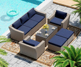 LHBcraft Outdoor Patio Furniture Set 8 Pieces, Rattan Outdoor Couch with Coffee Table, Comfortable Wicker Patio Furniture Sets for Yard, Pool or Porch, Blue LHBcraft