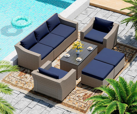 LHBcraft Outdoor Patio Furniture Set 8 Pieces, Rattan Outdoor Couch with Coffee Table, Comfortable Wicker Patio Furniture Sets for Yard, Pool or Porch, Blue LHBcraft