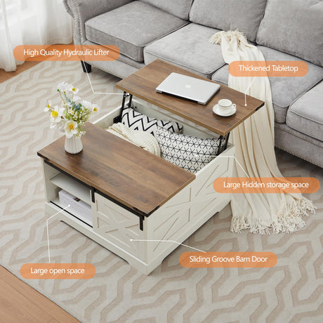 Tltaroni Farmhouse Lift Top Coffee Table, Wood Square Coffee Table with Sliding Barn Door and Adjustable Shelf Rustic Center Table with Hidden Storage Compartment for Living Room, Rustic White Tltaroni