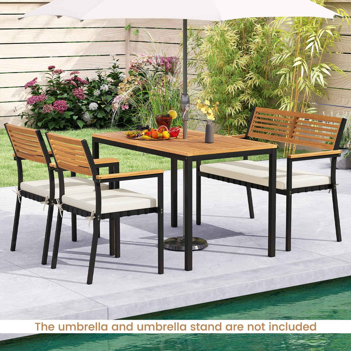 Toolsempire 4 Pieces Patio Dining Table Set, Outdoor Rectangle Table w/Loveseat & 2 Stackable Chairs, Cushions, Umbrella Hole, Acacia Wood Armrests & Tabletop, Dinette Furniture for Backyard Garden Toolsempire