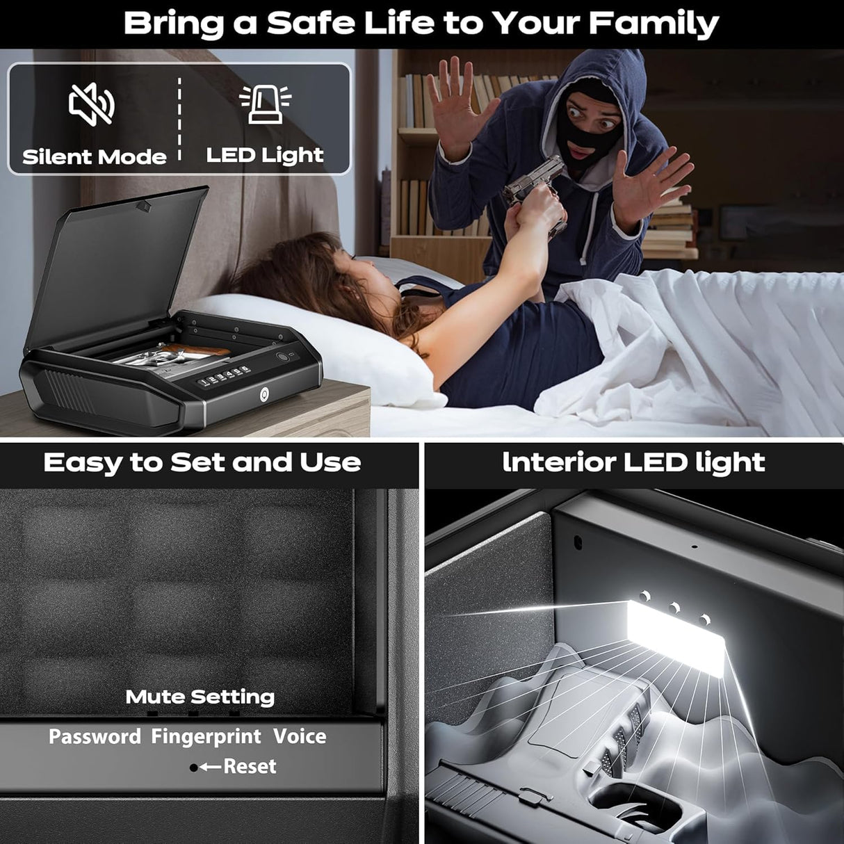 TOPMEDA Gun Safe with LCD Display, ≤0.1s Quick Access Handgun Safe for 2-4 Pistols, Hand Gun Lock Box with Fingerprint | Keypad | and Keys for Home Drawer Bedside Nightstand TOPMEDA